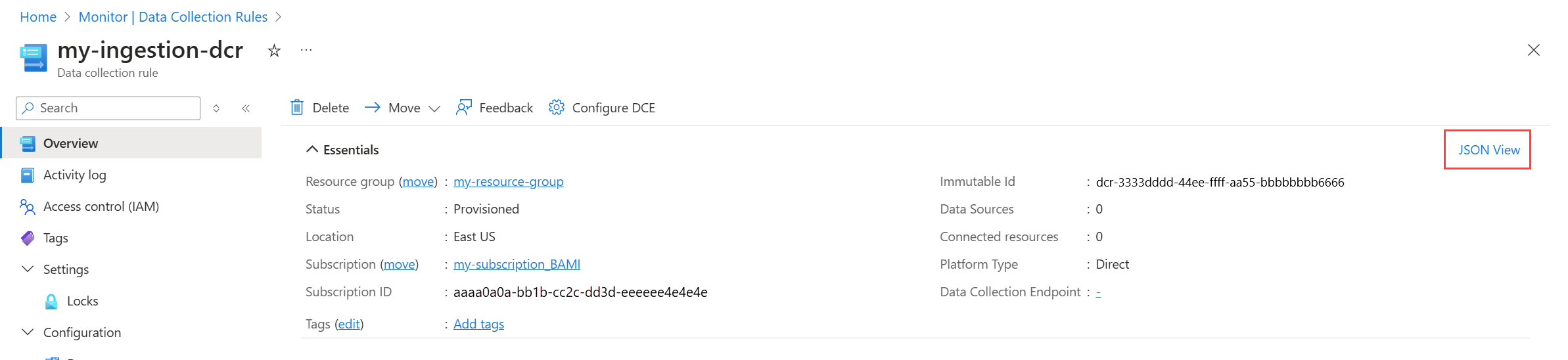 Captura de tela que mostra a opção de exibir o JSON para um DCR no portal do Azure.