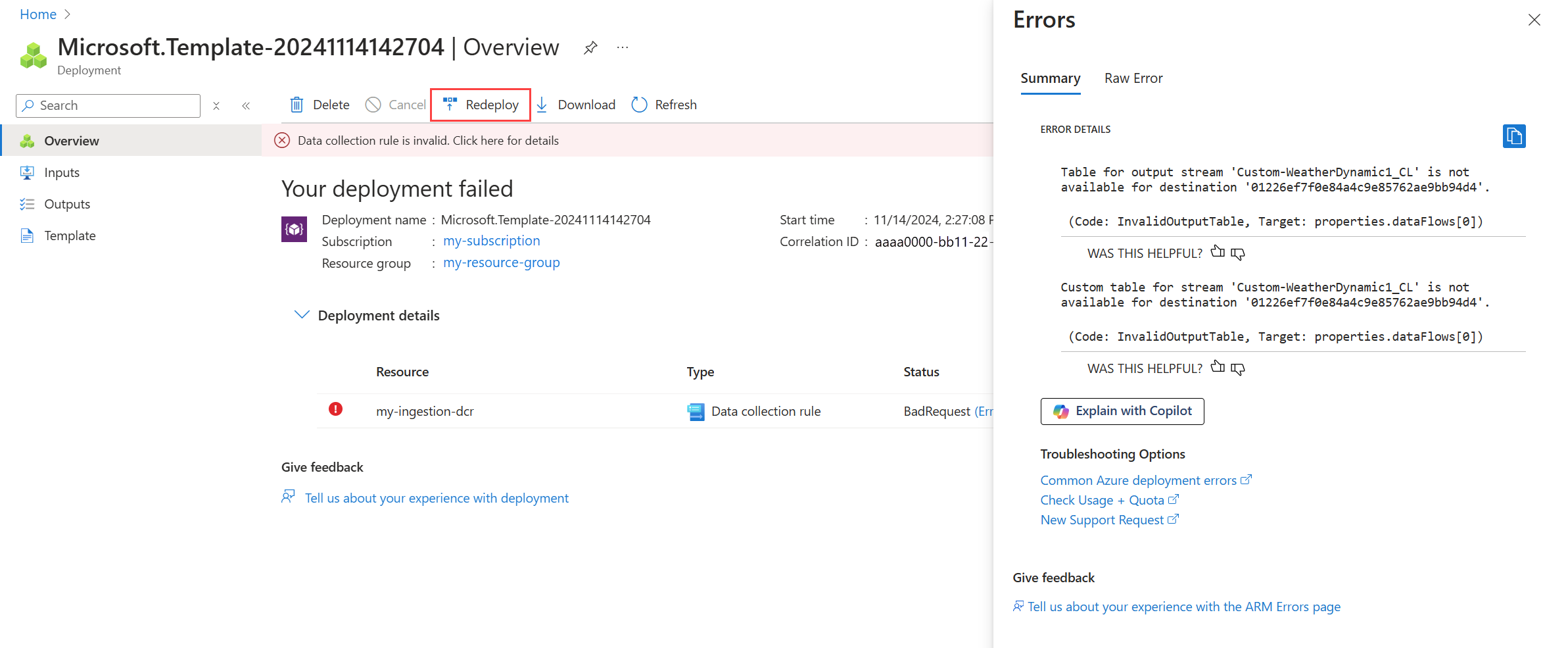 Captura de tela que mostra uma implantação com falha para uma regra de coleta de dados no portal do Azure.