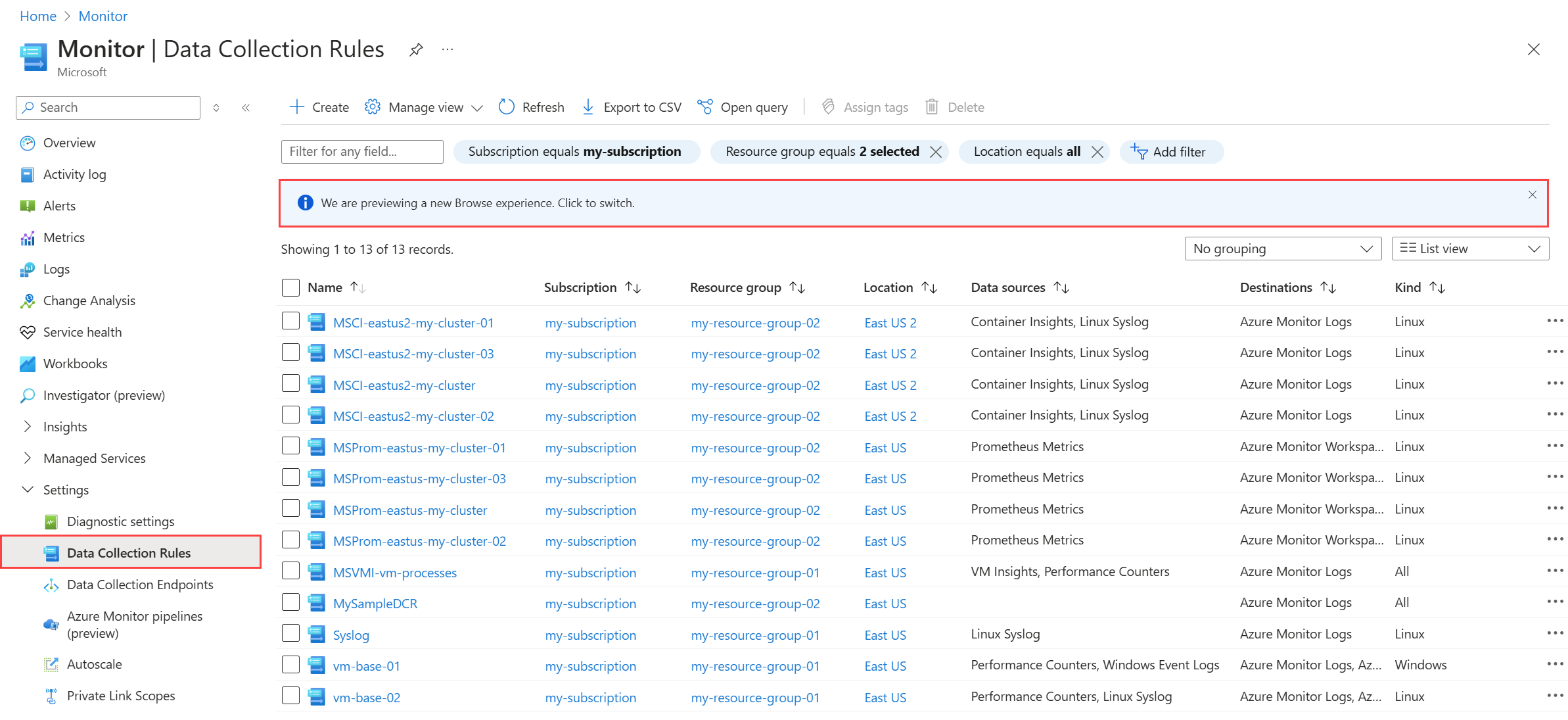Captura de ecrã da barra de título para ativar a experiência de pré-visualização para DCRs no portal do Azure.