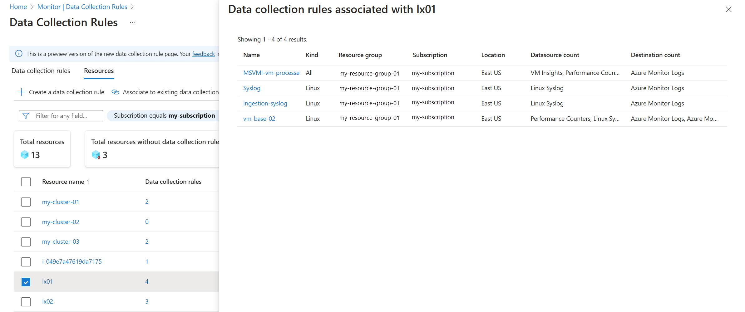 Captura de ecrã das associações de DCR para um recurso na vista de recursos na experiência de pré-visualização de DCRs no portal do Azure.