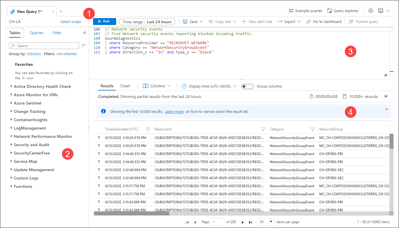Screenshot that shows the Log Analytics interface with four features identified.