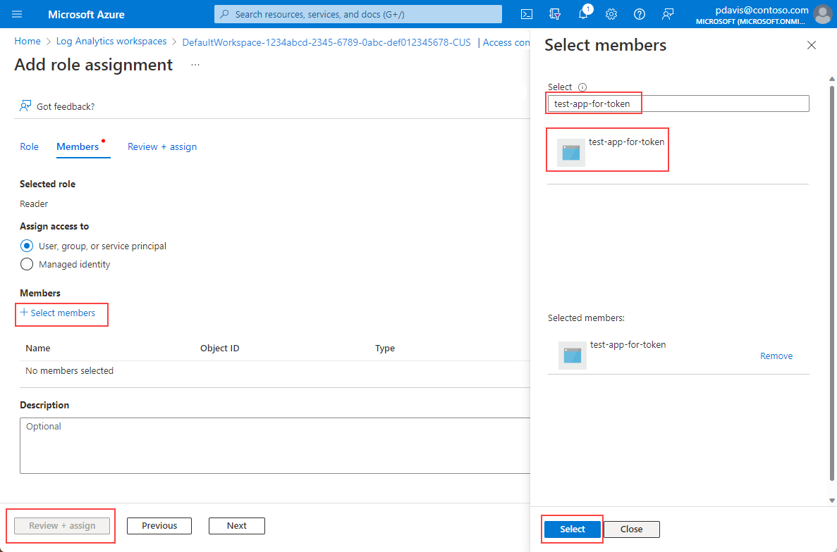 Uma captura de tela que mostra o painel Selecionar membros na página Adicionar atribuição de função para um espaço de trabalho do Log Analytics.