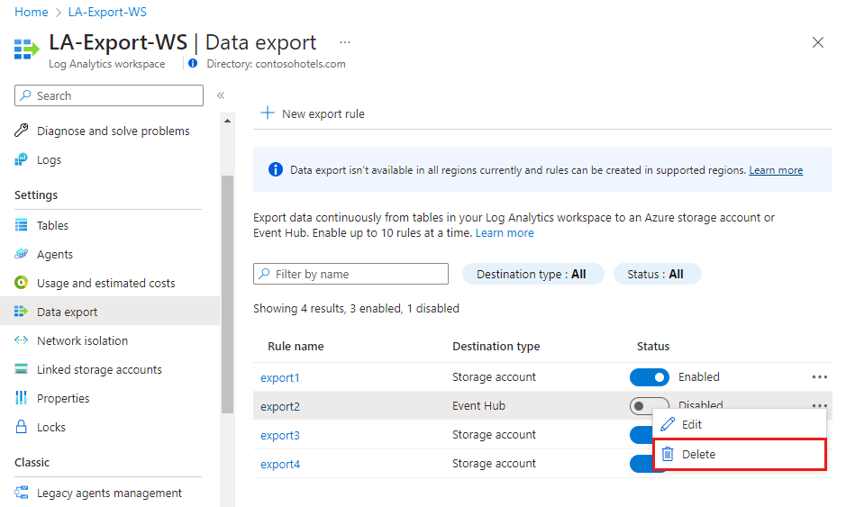 Captura de ecrã que mostra a eliminação da regra de exportação de dados.