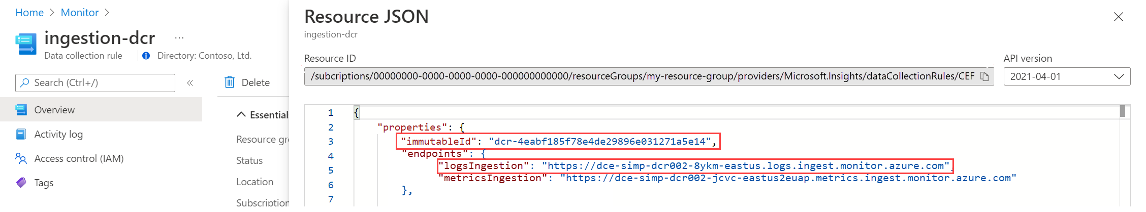 Captura de tela que mostra o modo de exibição JSON DCR.