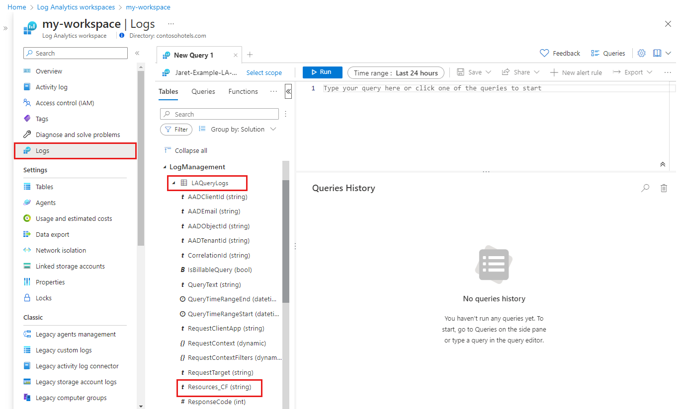 Captura de ecrã do Log Analytics com nova coluna.