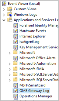 Captura de ecrã da lista Visualizador de Eventos no registo do gateway do Log Analytics