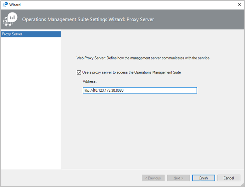 Captura de ecrã do Operations Manager, mostrando o endereço do servidor proxy