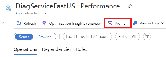 Captura de ecrã que mostra o botão Profiler no painel Desempenho.