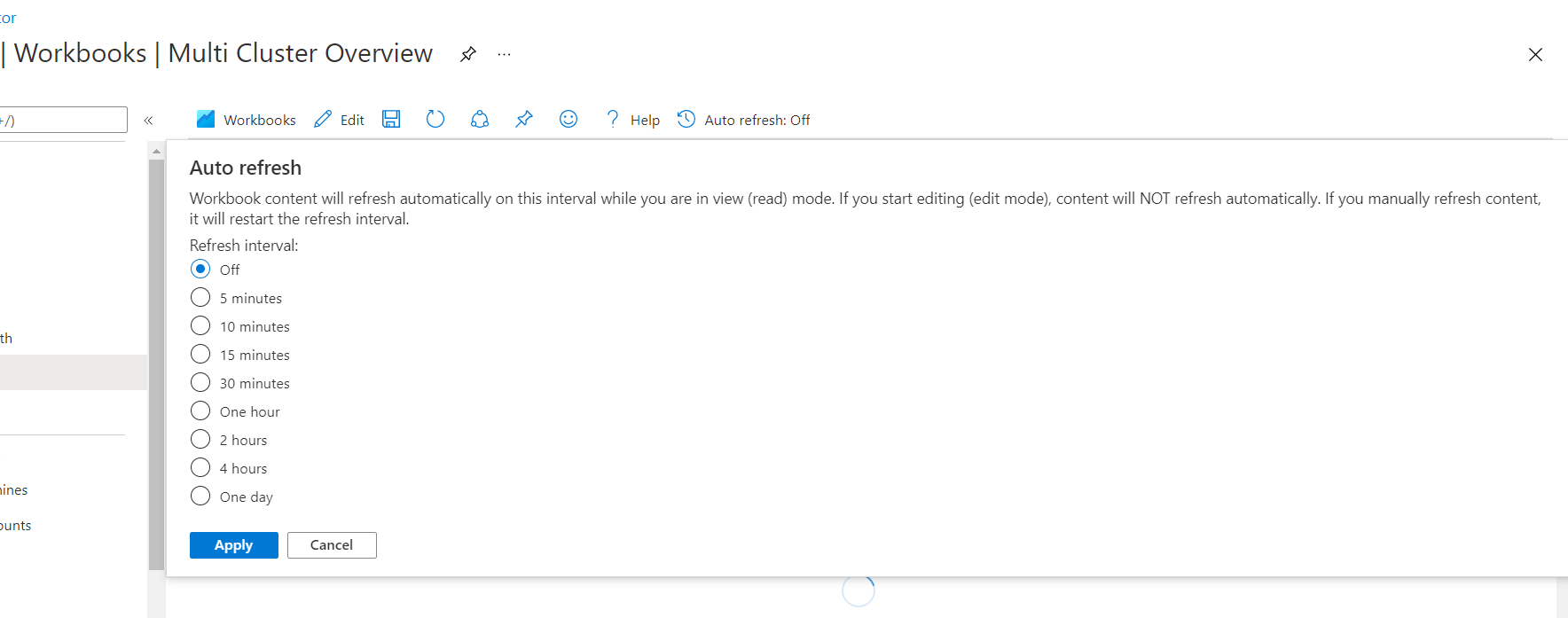 Screenshot that shows workbooks with Auto refresh.