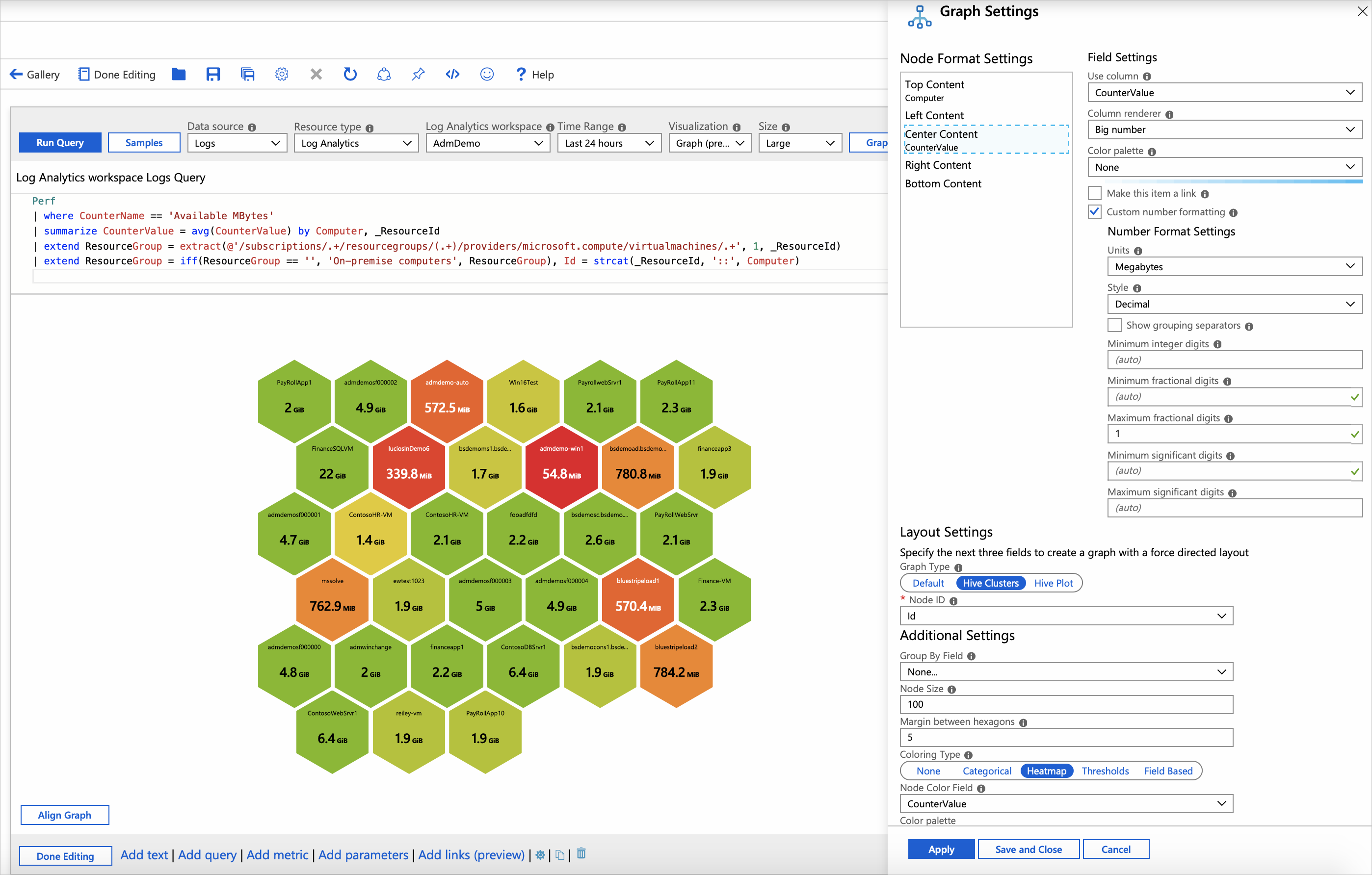 Screenshot que mostra controlo de consulta, configurações de gráficos e favo de mel com a consulta e configurações anteriores.