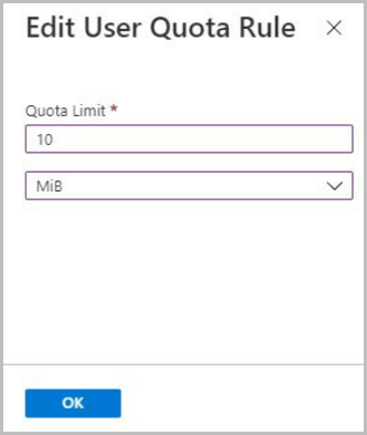 Screenshot that shows the Edit User Quota Rule window of Users and Group Quotas.
