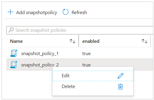 Screenshot that shows the Snapshot policy right-click menu.