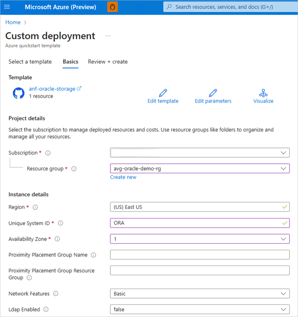 Captura de tela que mostra a guia básica da página de implantação personalizada.