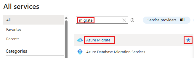 Captura de ecrã a mostrar o ícone de estrela para adicionar um serviço aos Favoritos no portal do Azure.