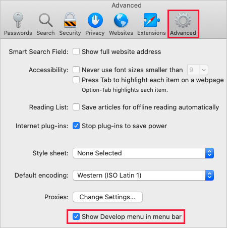 Captura de ecrã das opções de preferências avançadas do Safari.