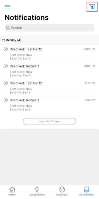 Captura de ecrã a mostrar a opção de modo de exibição e filtro da lista de notificações no aplicativo móvel do Azure.