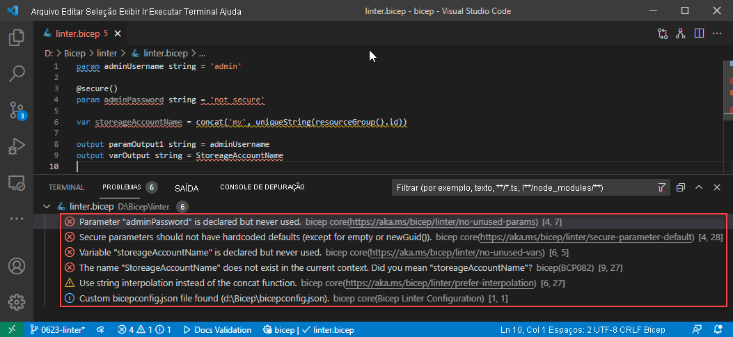 Bicep linter usage in Visual Studio Code.