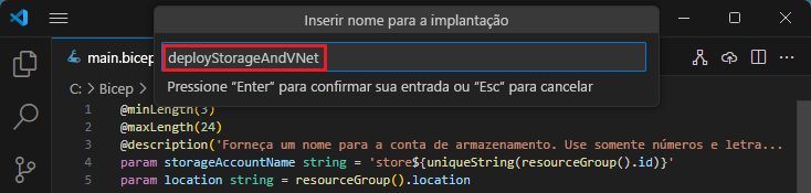 Captura de ecrã ao inserir o nome da implementação.