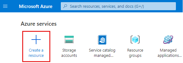 Captura de ecrã a mostrar portal do Azure home page com a origem da criação de um recurso realçada.