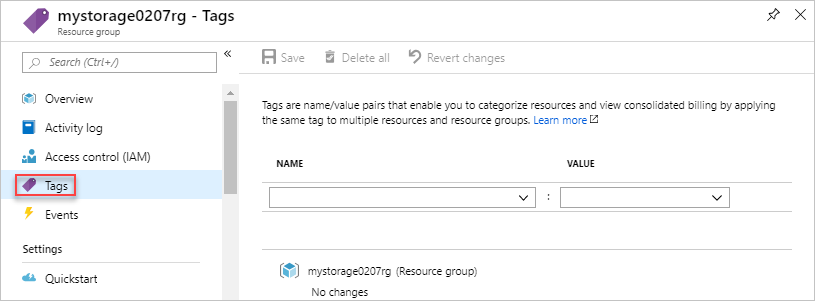Captura de ecrã do portal do Azure a apresentar a opção Etiquetas de uma conta de armazenamento.