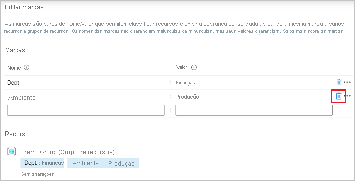 Captura de ecrã a mostrar portal do Azure com o ícone Eliminar Etiqueta realçado.