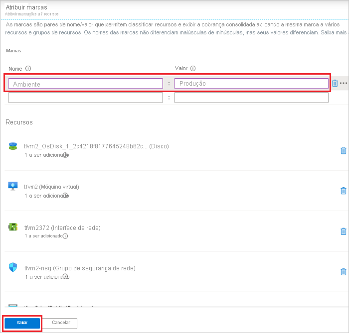 Captura de ecrã a mostrar portal do Azure com a caixa de diálogo Atribuir Etiquetas aberta para vários recursos.