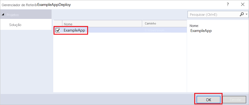 Captura de tela da janela Adicionar referência no Visual Studio com o projeto de aplicativo Web selecionado.