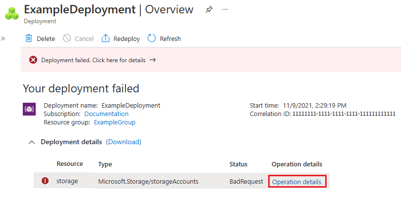 Captura de ecrã da falha de implementação que destaca o link para detalhes da operação.