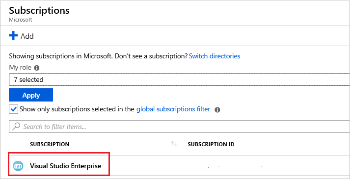 Captura de ecrã da lista portal do Azure subscrições, com destaque para uma subscrição específica para o registo do fornecedor de recursos.