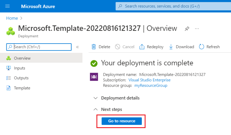 Captura de ecrã a mostrar a notificação de implementação com êxito no portal do Azure.