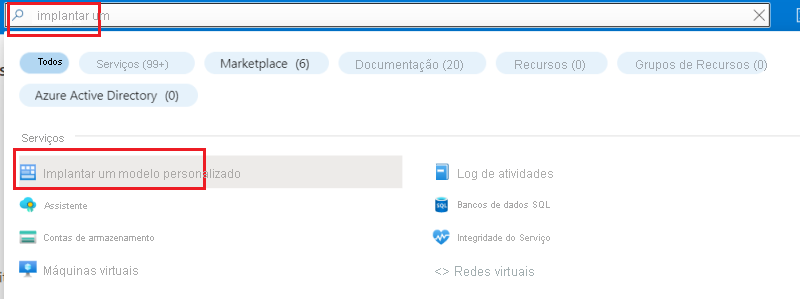 Captura de ecrã a mostrar a pesquisa de um modelo personalizado no portal do Azure.