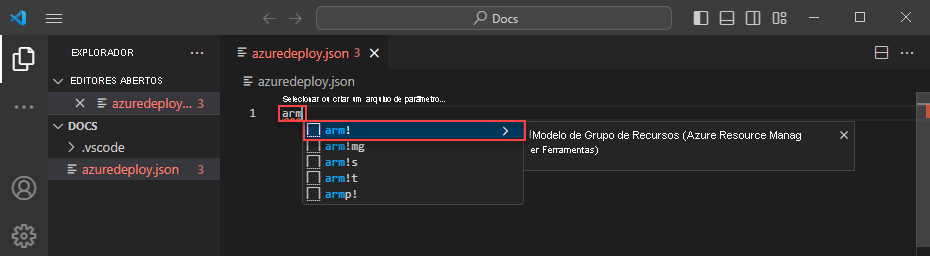 Screenshot showing Azure Resource Manager scaffolding snippets.
