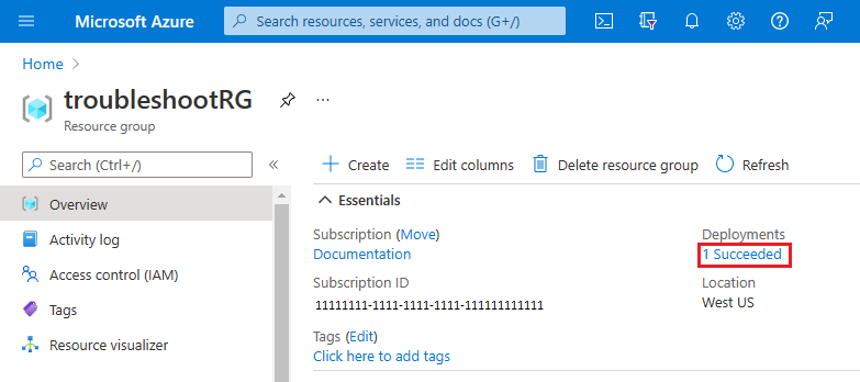 Captura de ecrã a mostrar portal do Azure a realçar a ligação para o histórico de implementações de um grupo de recursos na secção Descrição geral.