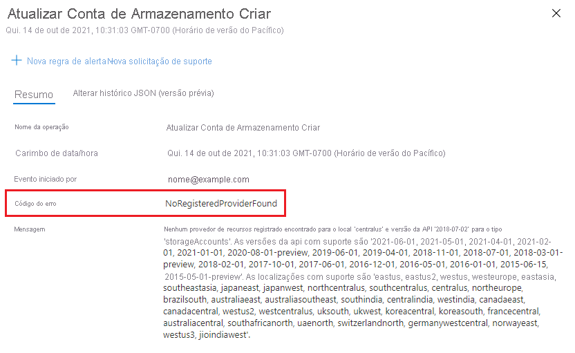 Captura de ecrã a mostrar os detalhes do registo de atividades no portal do Azure, com a mensagem de erro e os detalhes da operação de uma implementação falhada.