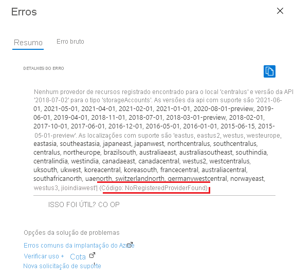Captura de ecrã do resumo de um erro de implementação no portal do Azure, que mostra a mensagem de erro e o código de erro NoRegisteredProviderFound.