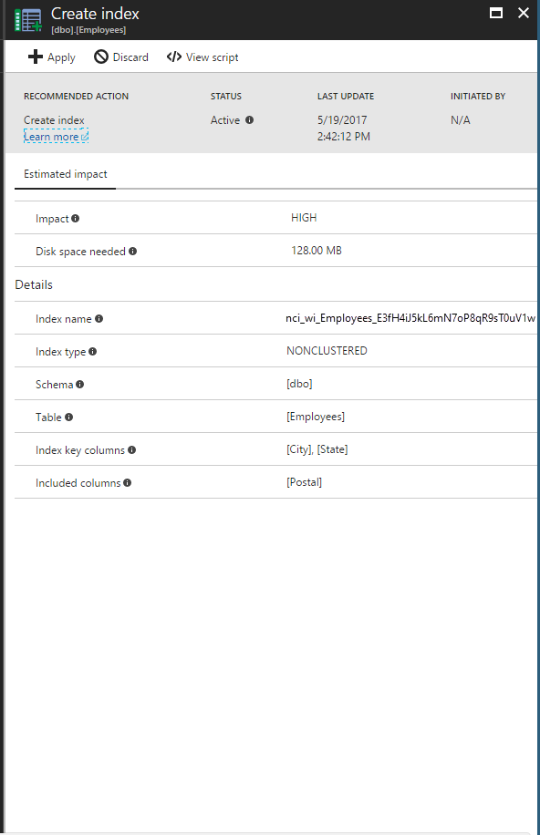 Captura de ecrã de um novo índice recomendado no painel Criar índice.