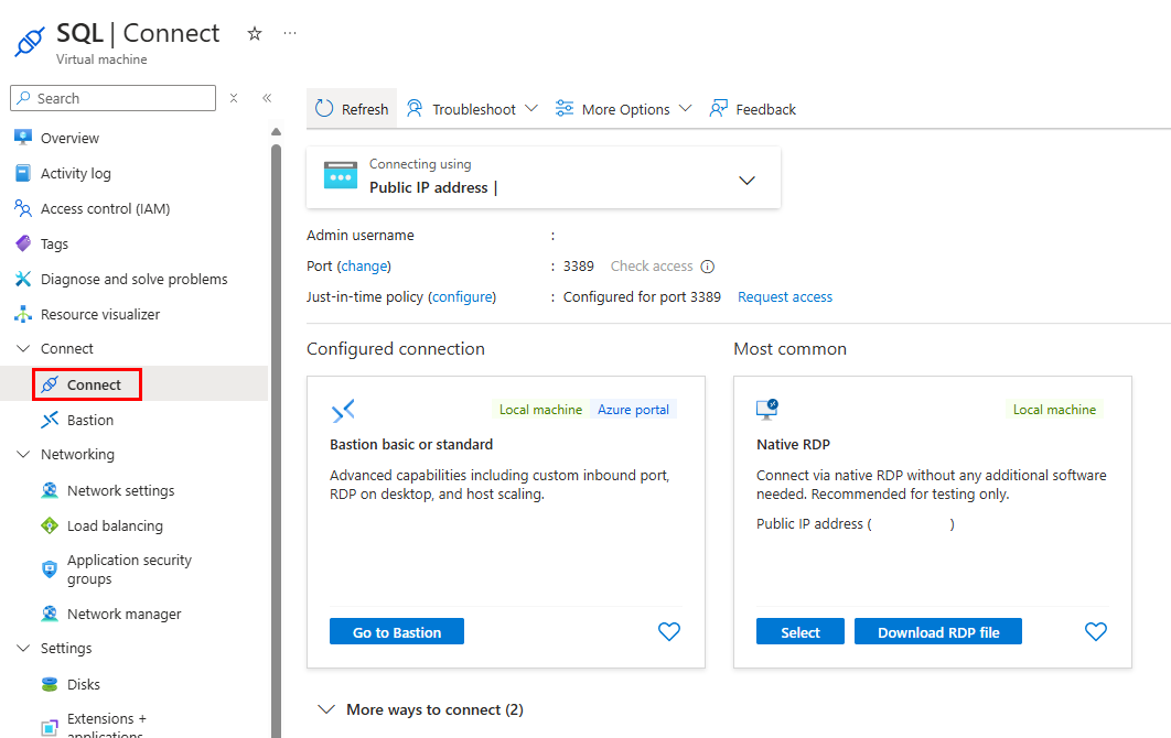 Screenshot of Azure portal, connect to VM, with download RDP highlighted.