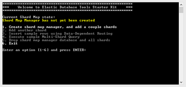 Captura de tela do prompt de comando do kit inicial do Elastic Database Tools.
