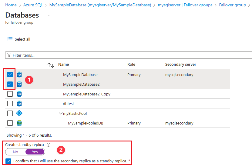 Captura de ecrã dos bancos de dados para o painel de grupo de ativação pós-falha no portal do Azure.