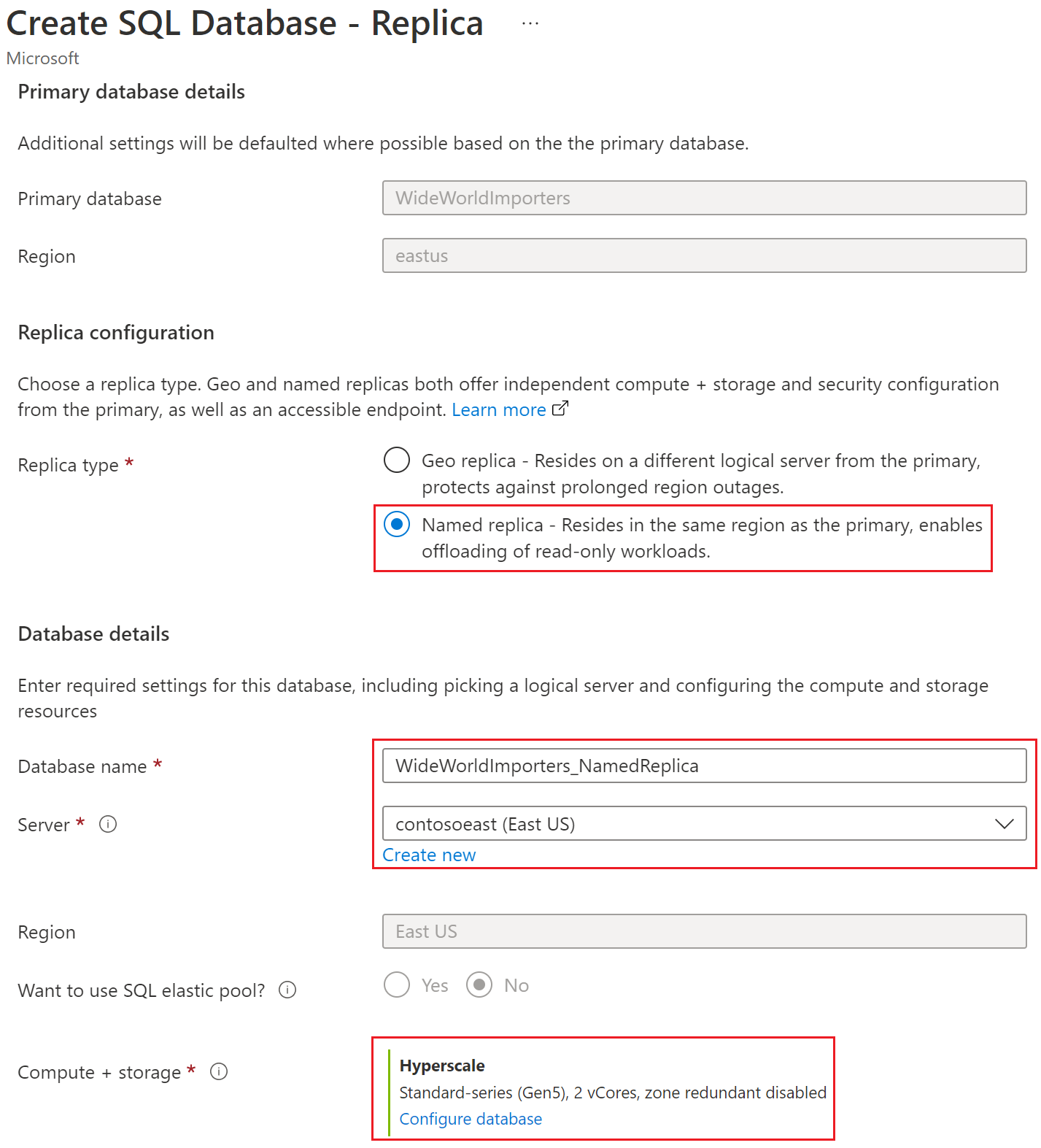 Screenshot that shows configuration of named replica.