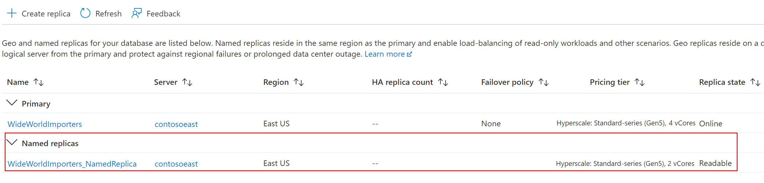 Screenshot that shows the SQL database primary and named replica.