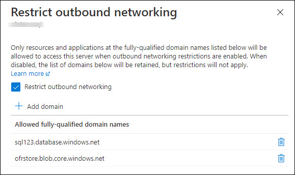 Screenshot of of Outbound Networking blade after FQDNs are added