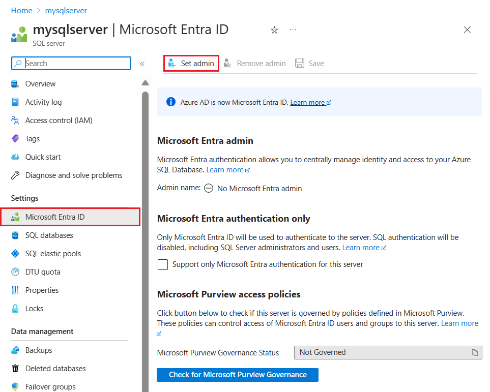 Screenshot of the Azure portal Microsoft Entra ID page for a logical server.