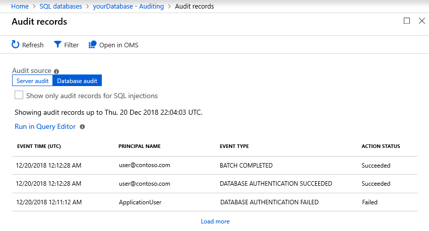 Screenshot of the Azure portal page showing Audit records for a SQL database.