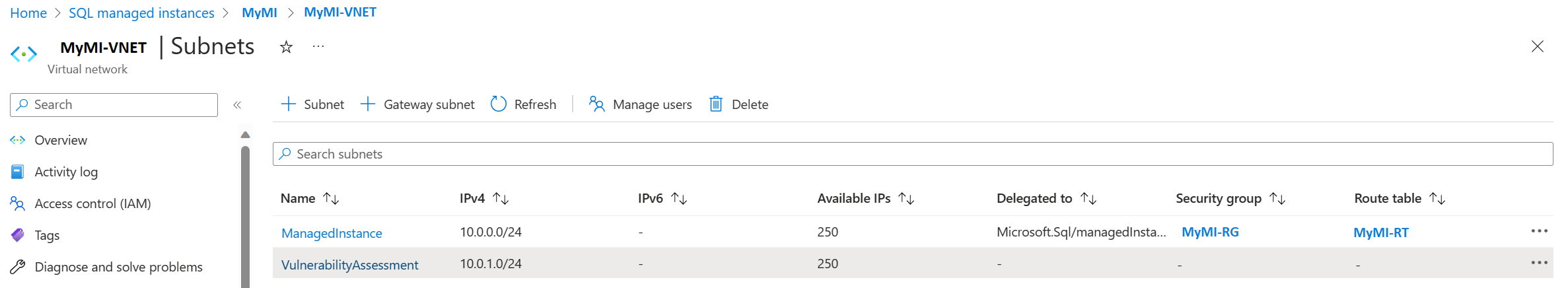 Screenshot shows a list of subnets and the add subnet option.