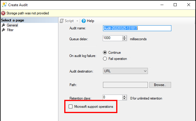 Captura de ecrã de SQL Server Management Studio a mostrar a caixa de seleção de operações de suporte Microsoft.
