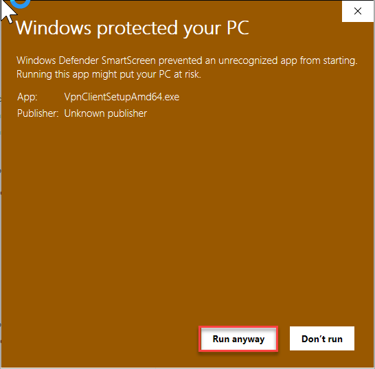 Captura de ecrã do Windows Defender a perguntar se tem a certeza de que pretende instalar o cliente VPN.