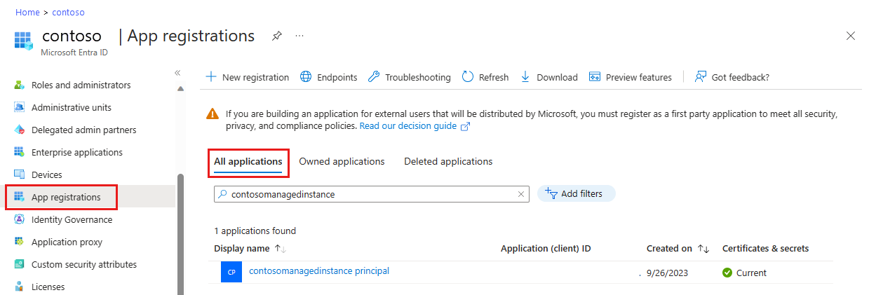 Screenshot of the Microsoft Entra ID resource in the Azure portal with App registrations selected in the left pane.