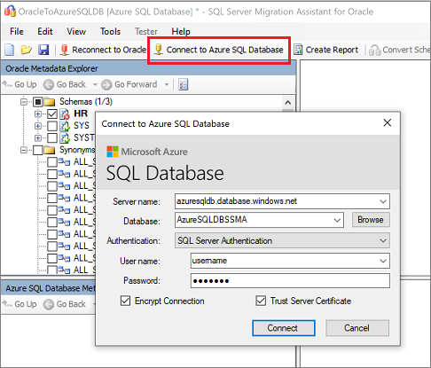 Captura de ecrã que mostra Ligar à Base de Dados SQL do Azure.