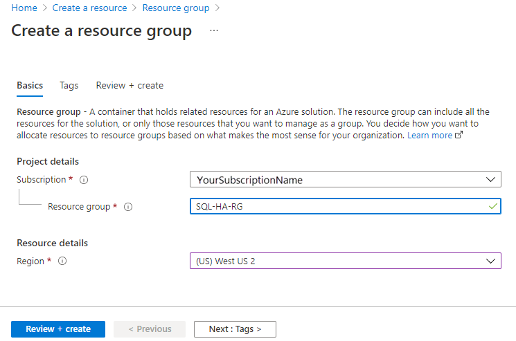 Screenshot that shows filling out values to create a resource group in the Azure portal.